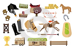 Flat vector set of equestrianism sport objects. Man, horse, wooden barn and fence, rider s equipment, trophy, stack of
