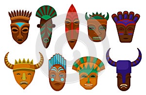 Flat vector set of ethnic wooden masks. Ritual attributes. Symbols of ancient African tribes. Elements for promo flyer