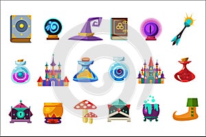 Flat vector set of fabulous items for mobile game. Book, magic ball, wizard hat, bottles with elixirs, castle, cauldrons