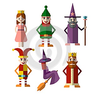 Flat vector set of fabulous magic and halloween characters - Princess, king, wizard, witch and other personages for