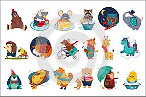 Flat vector set of fairy animals in different actions. Cute cartoon characters. Colorful design for children book, print