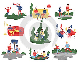 Flat vector set of fathers with sons in different actions. Dads spending time with their kids at home and outdoor