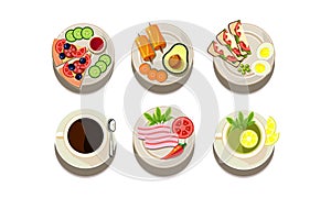 Flat vector set of food and drink icons. Plates with different dishes and cups with tea and coffee. Hot beverages and