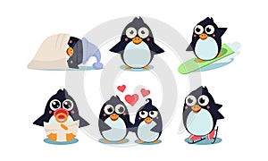 Flat vector set of funny penguins in different actions sleeping, surfing, skating, baby in diaper and pacifier in mouth