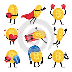 Flat vector set of golden coins with arms and legs in different actions. Cartoon bitcoin characters with coffee cup