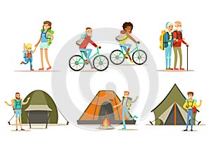 Flat vector set of happy traveling people. Active outdoor activity. Hiking, camping and cycling travel