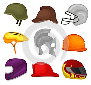 Flat vector set of 9 helmets. Protective headgear for soldier, horse rider, football player, biker, knight, builder and