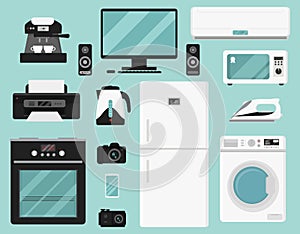 Flat vector set of home appliances. Various household equipment. Electronic devices. Modern technology