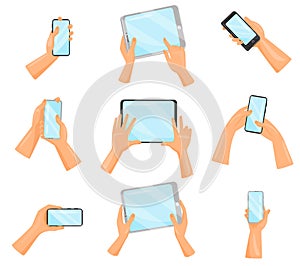 Flat vector set of human hands with smartphones and tablet computers. Electronic gadgets. Digital devices