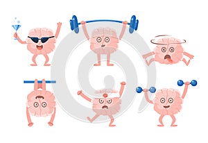 Flat vector set of humanized brains with arms and legs in different actions. Funny cartoon characters. Emoji for social