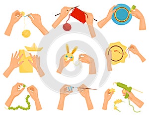 Flat vector set of icons showing different hobbies. Hands doing handmade crafts. Knitting, decorating, painting, sewing