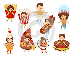 Flat vector set of kids in food costumes. Cute boys and girls with happy face expressions. Children in carnival outfit