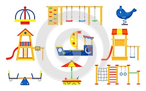 Flat vector set of kids playground elements. Carousels, slides, ladders, wooden sandbox. Play equipment for active