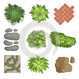 Flat vector set of landscape elements. Green plants, stones, different types of pathway covers. Top view. photo