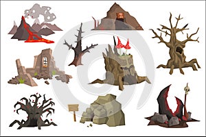 Flat vector set of landscape elements. Volcano with hot lava, ruins, swamp, old trees, cave, scary stump with mushrooms