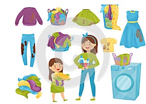 Flat vector set of laundry icons. Baskets with dirty clothes. Washing machine. Cartoon girls doing household chores