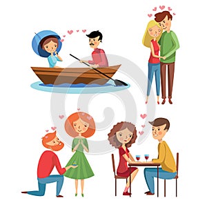 Flat vector set of loving couples in different situations. Marriage proposal. Hugging girl and guy. Romantic date
