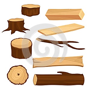 Flat vector set of materials for wood industry. Old tree stumps and branch, long beam and planks, wooden log. Natural