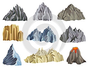 Flat vector set of mountain and volcano silhouettes. Mountaineering theme. Natural landscape element for mobile game or