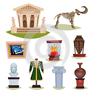 Flat vector set of museum exhibits. Mammoth skeleton, ceramic vases, clothes, golden crown, famous painting and column