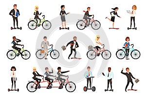 Flat vector set of office workers on different vehicles bicycle, electric hoverboard, segway, skateboard. Business