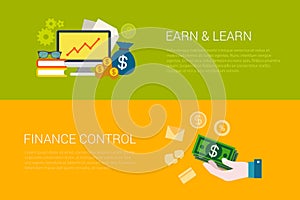 Flat vector set of online earn learn finance control web banners