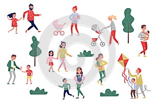 Flat vector set of parents with kids in different actions. Happy childhood. Active lifestyle. Fatherhood and motherhood