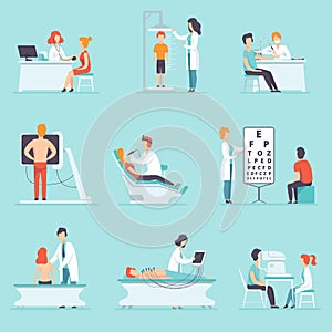 Flat vector set of people on medical examination. Doctors and patients. Professionals at work. Healthcare and treatment.