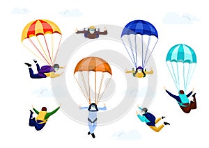 Flat vector set of professional skydivers.