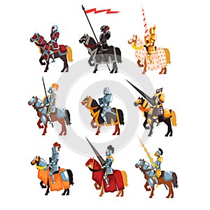 Flat vector set of royal knights in steel shiny armors. Cartoon warriors on horseback with weapon and flag in hands.