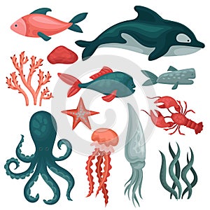 Flat vector set of sea animals and objects. Fishes, jellyfish, red crab, squid, octopus, seastar, seaweeds and stones