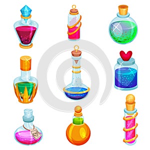 Flat vector set of small bottles with potions. Different glass vials with magic elixirs. Toxic liquids