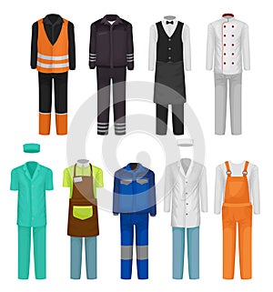 Flat vector set of staff clothing. Uniform of roadman, guard, hospital and restaurant workers. Workwear theme
