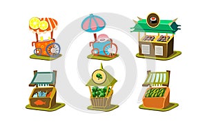 Flat vector set of stalls with fresh fish, sushi, broccoli and watermelons, carts with ice-ream and cotton candy