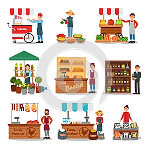 Flat vector set of street vendor selling various products. Seller near cart. Local farmers market. Fresh food on