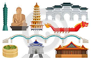 Flat vector set of Taiwan national cultural symbols. Famous architecture and tourist attractions, Asian food, dragon