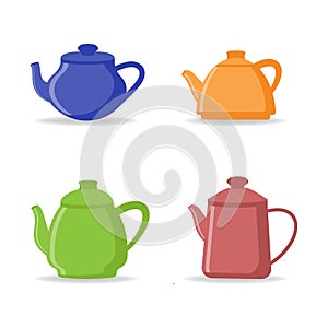 Flat vector set of tea kettles. Kitchen utensils. Home appliance for boiling water.