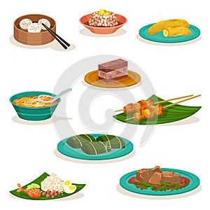 Flat vector set of traditional Malaysian dishes. Sweet desserts and snacks. Asian food photo