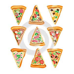 Flat vector set of triangle slices of pizza with different ingredients. Fast food. Traditional Italian dish. Elements