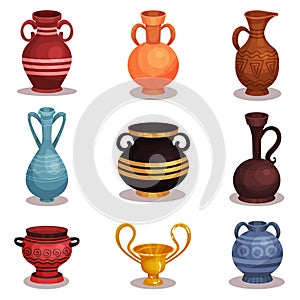 Flat vector set of various amphoras. Ancient Greek or Roman pottery for wine or oil. Old clay jugs with ornaments. Shiny