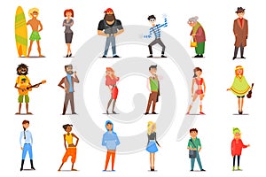 Flat vector set of various cartoon people characters with different lifestyles and interests. Young men and women, old