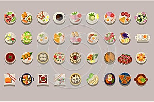 Flat vector set of various dishes. Detailed food icons. Coffee and green tea. Culinary theme. Delicious meal. Elements