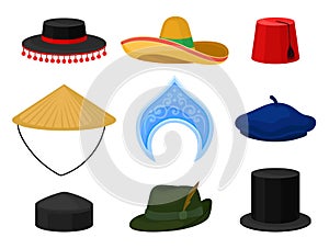 Flat vector set of various national headdress. Traditional headwear. Male and female accessories photo
