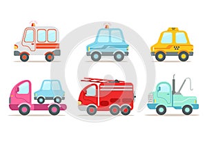 Flat vector set of various vehicles. Ambulance, police car, yellow taxi, tow truck, wrecking car and fire engine