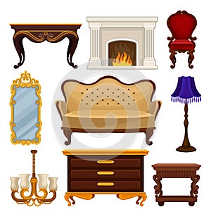 Flat vector set of vintage furniture. Antique sofa and chair, classic fireplace, table and wooden nightstand, wall