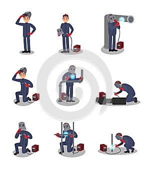 Flat vector set with welder in different actions. Professional at work. Young worker in protective outfit. Man using