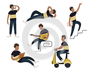 Flat vector set of young man character poses and movements