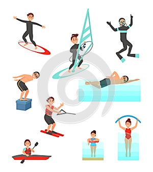 Flat vector set with young people involved in various water sports. Summer vacation. Active lifestyle