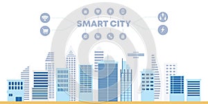 Flat vector smart city, buildings and city scrapper communication network. Wifi, internet, communication, travel, computer and