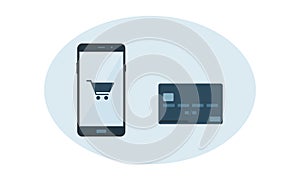 Flat vector of smart phone with checkout cart and credit card